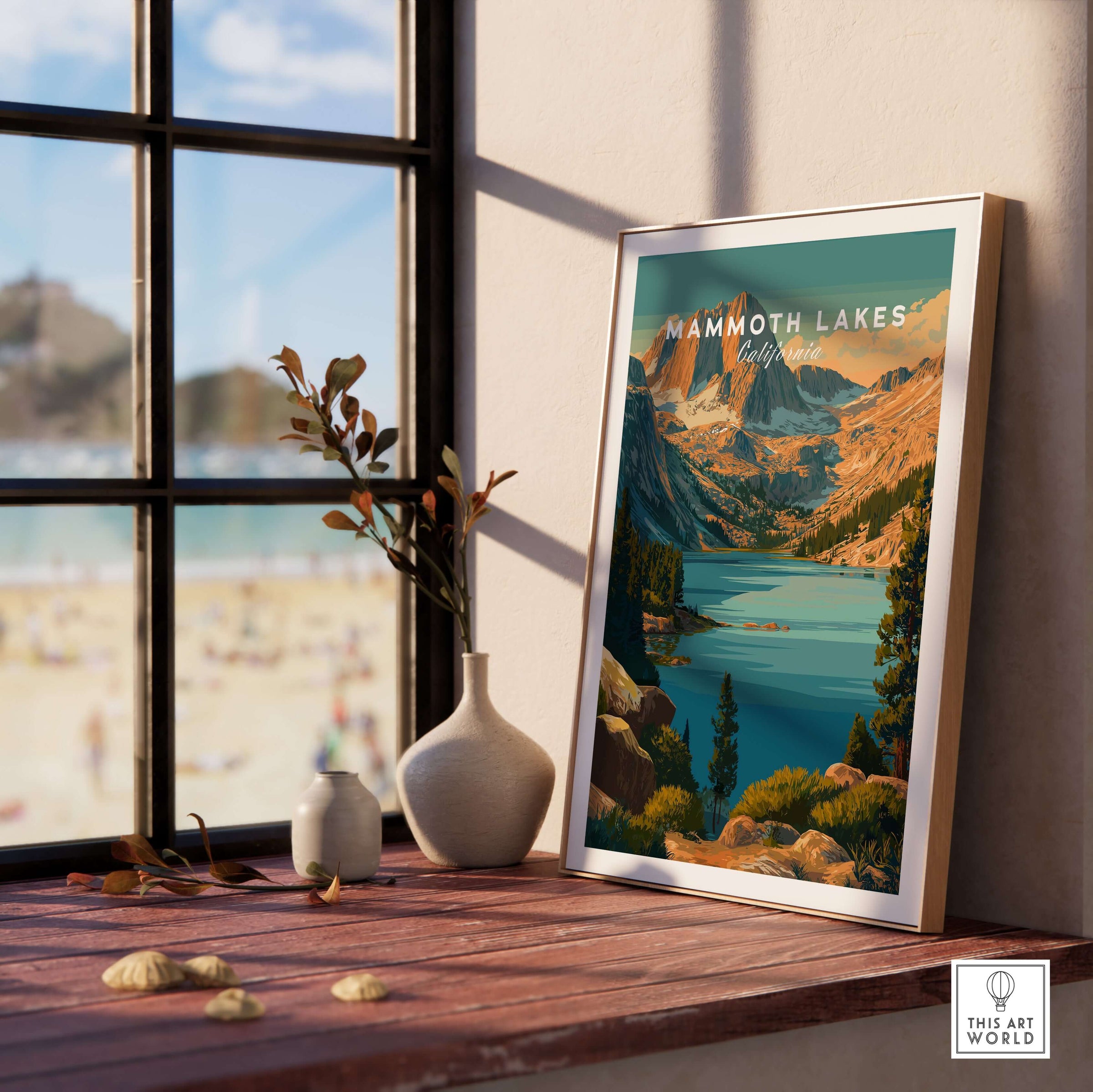Mammoth Lakes Poster California - Rugged Mountain Wall Art displayed in a sunny room with a beach view.