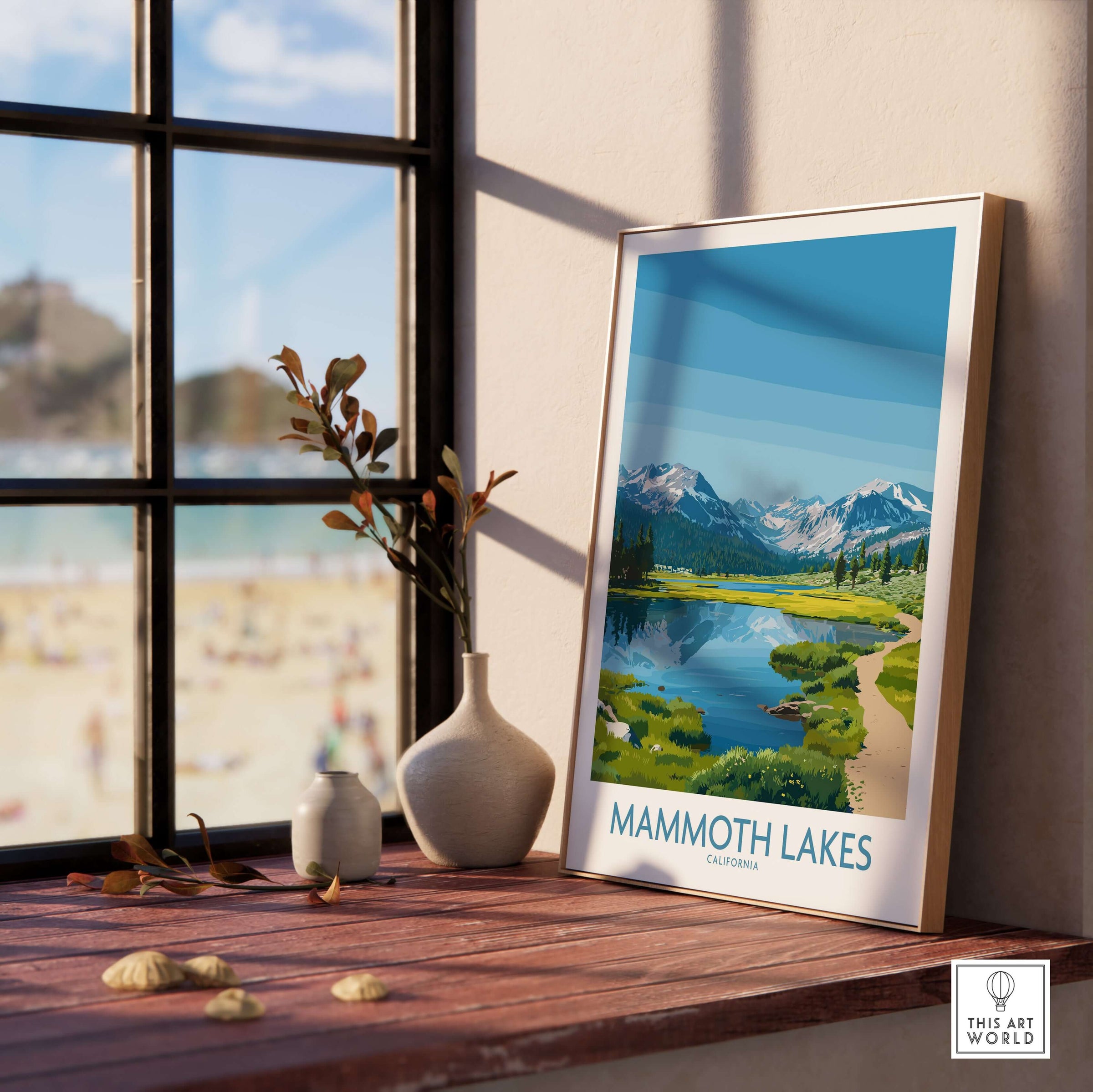 Mammoth Lakes Wall Art California Travel Print displayed on a table showcasing beautiful California mountain scenery.