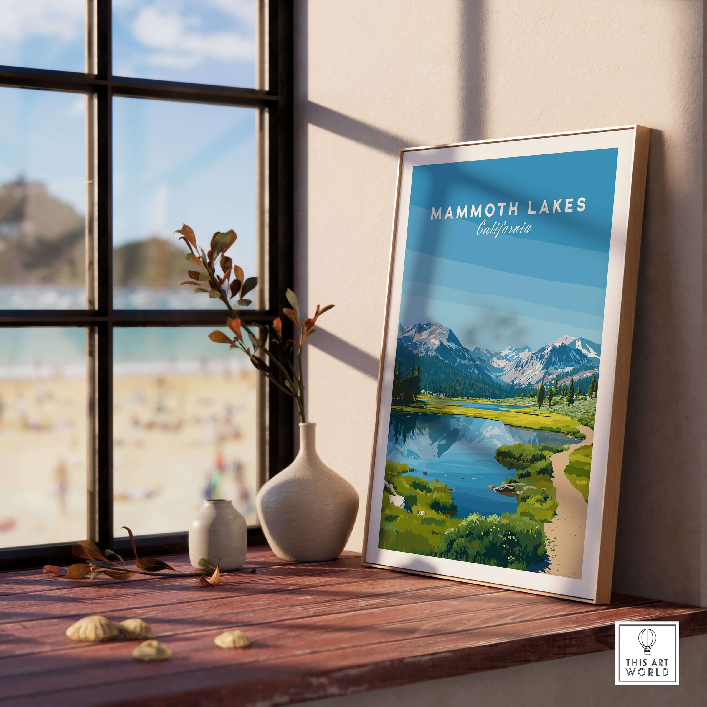Mammoth Lakes California Scenic Print - Serene Mountain Landscape Poster displayed on a window side table.