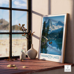 Mammoth Lakes Wal Art - California Travel Print displayed by a window, showcasing serene mountain scenery and tranquil waters.