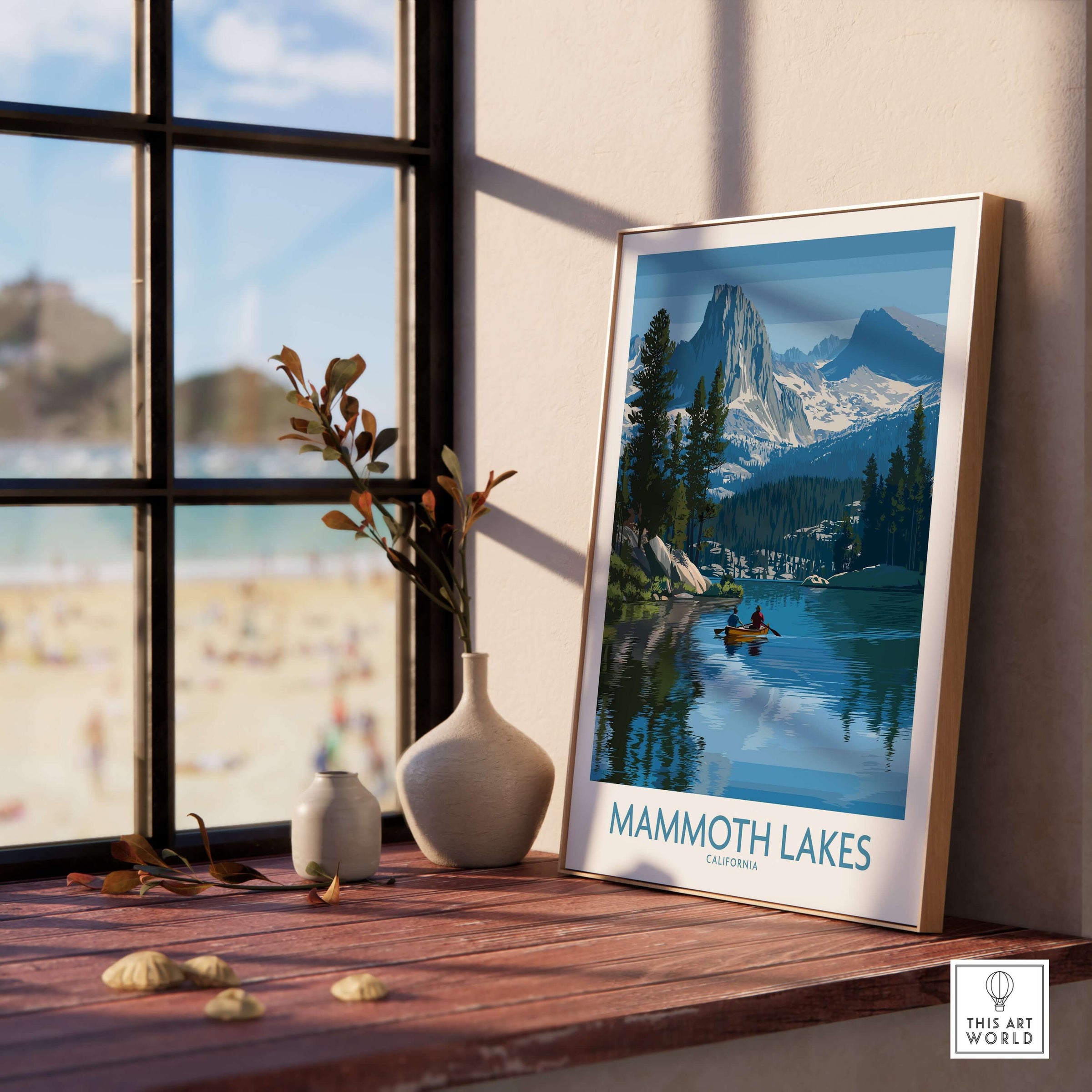 Mammoth Lakes Wal Art - California Travel Print displayed by a window, showcasing serene mountain scenery and tranquil waters.