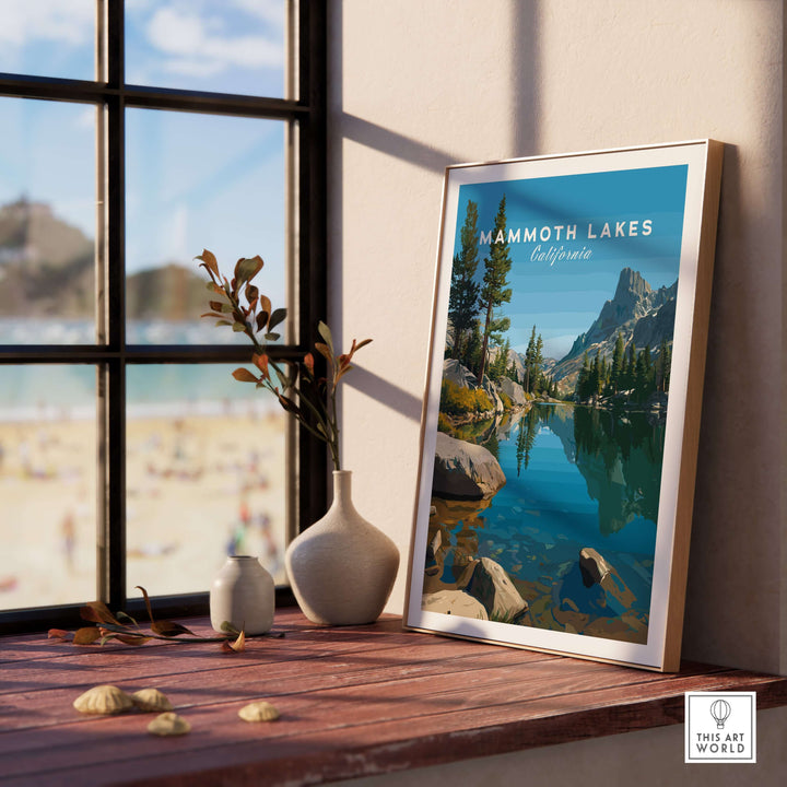 Mammoth Lakes California poster displayed indoors, showcasing mountains and serene lake view, perfect for nature lovers.