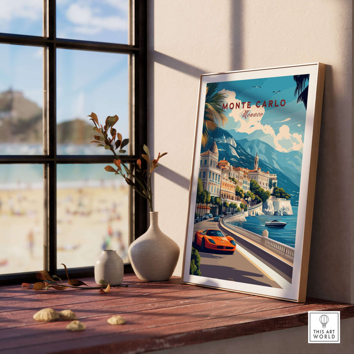 Monte Carlo print travel poster showcasing glamorous cityscape and Mediterranean charm in elegant indoor setting.
