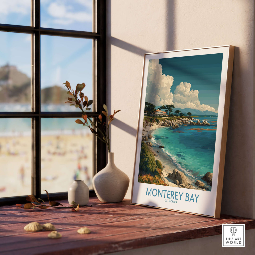 Monterey Bay California travel poster displaying ocean views in a cozy indoor setting.