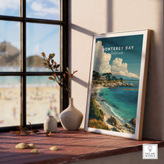Monterey Bay California Coastal Beach Print - Pacific Ocean Wall Art displayed by a window with beach view outside.