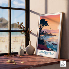 Monterey Bay California Sunset Coastline Poster - Cypress Tree Wall Art displayed indoors with window view.