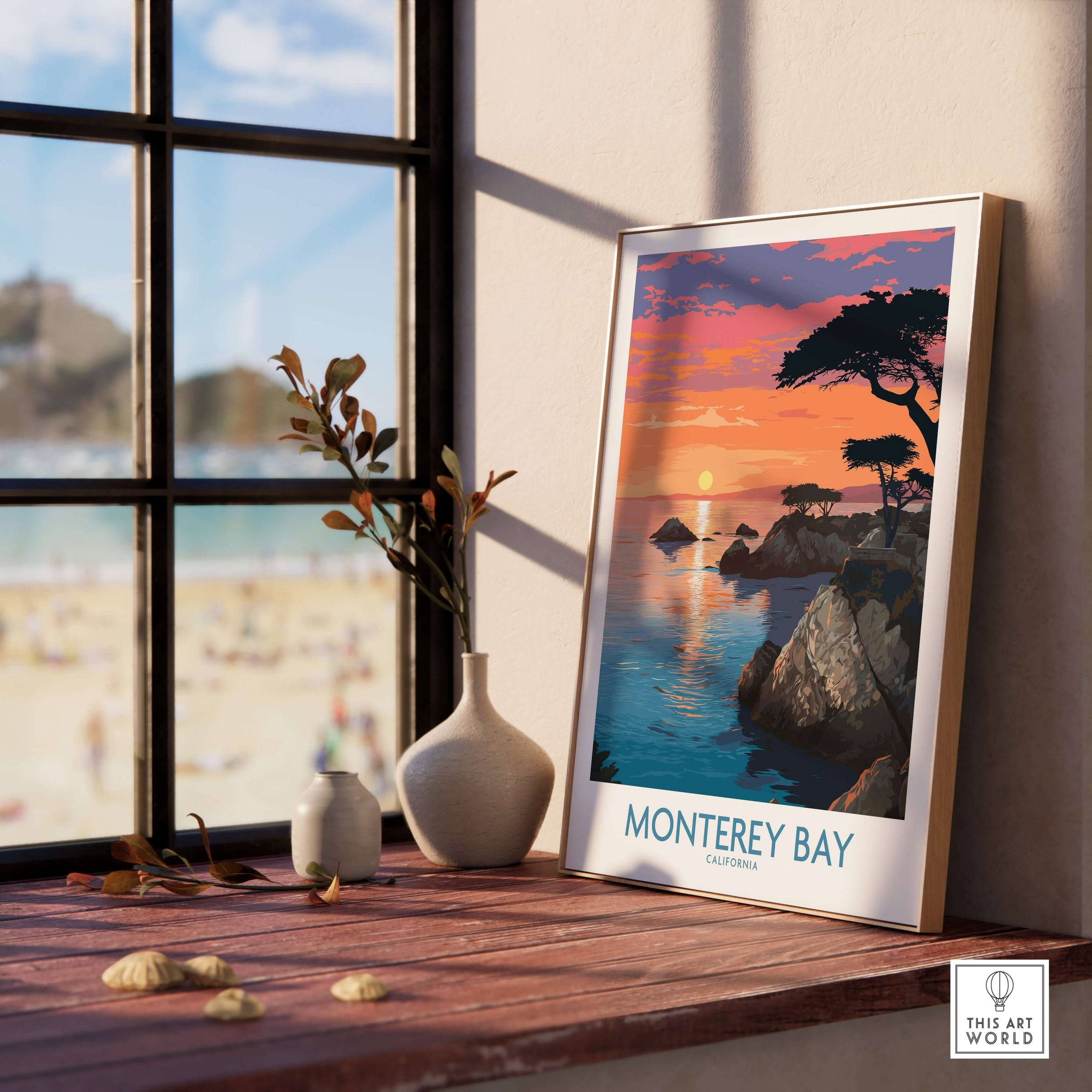 Monterey Bay Poster California Coastal Decor displayed in a sunny room with ocean view, perfect for coastal decor enthusiasts.