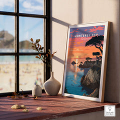 Monterey Bay Print California - Pacific Grove Wall Art framed beside a window with a beach view.