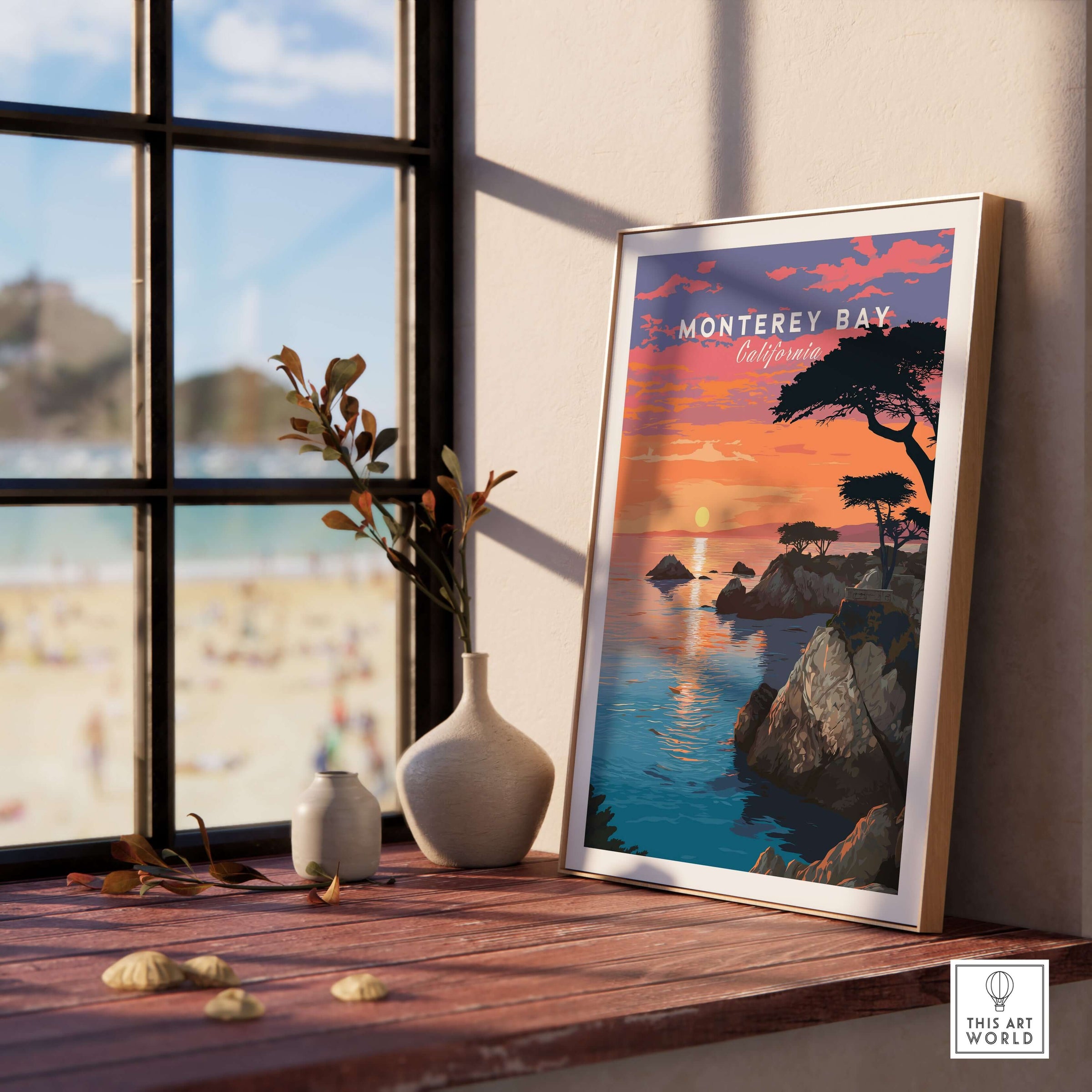 Monterey Bay Print California - Pacific Grove Wall Art framed beside a window with a beach view.