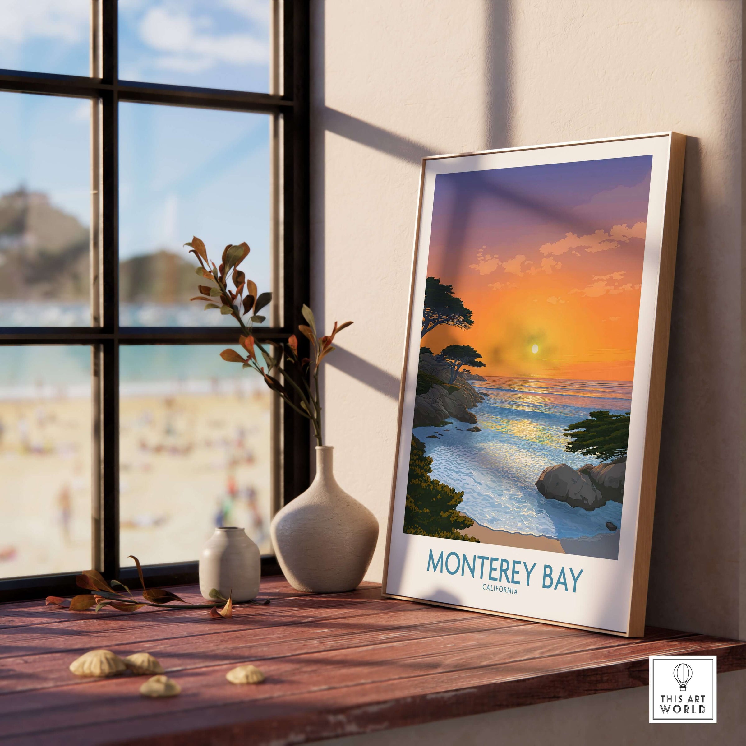 Monterey Bay California Poster - California Beach Print displayed on a windowsill with a beach view.