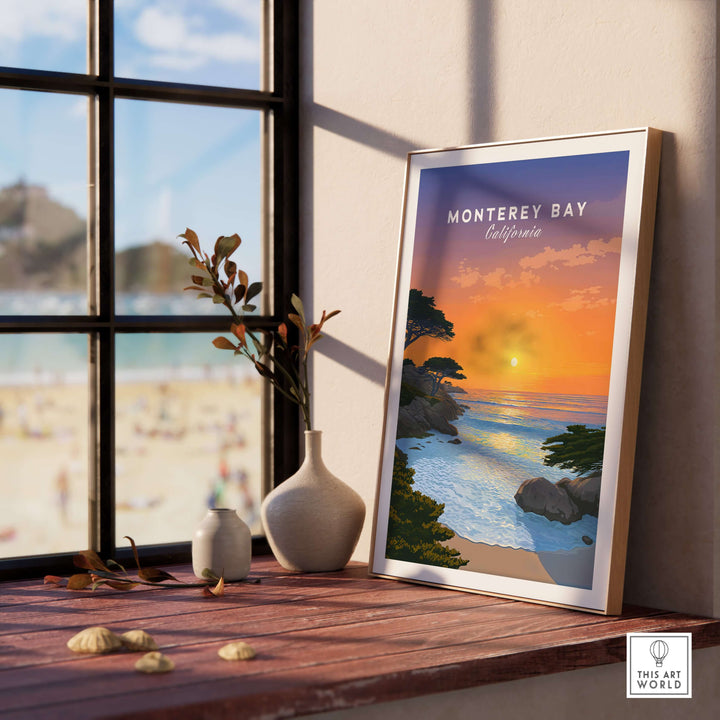 Monterey Bay California sunset print displayed on a windowsill with serene coastal view and vibrant colors.