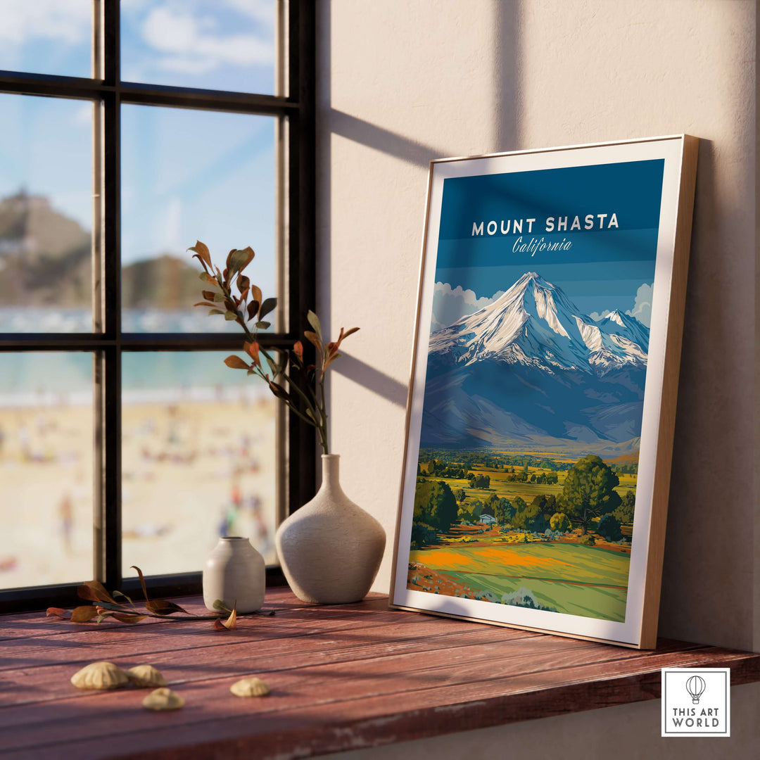 Mount Shasta California print displayed in a sunny interior, showcasing its scenic beauty and vibrant colors.