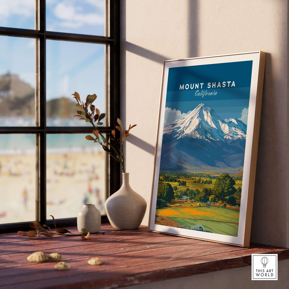 Mount Shasta California Print - Northern California Wall Art displayed in a cozy interior setting.