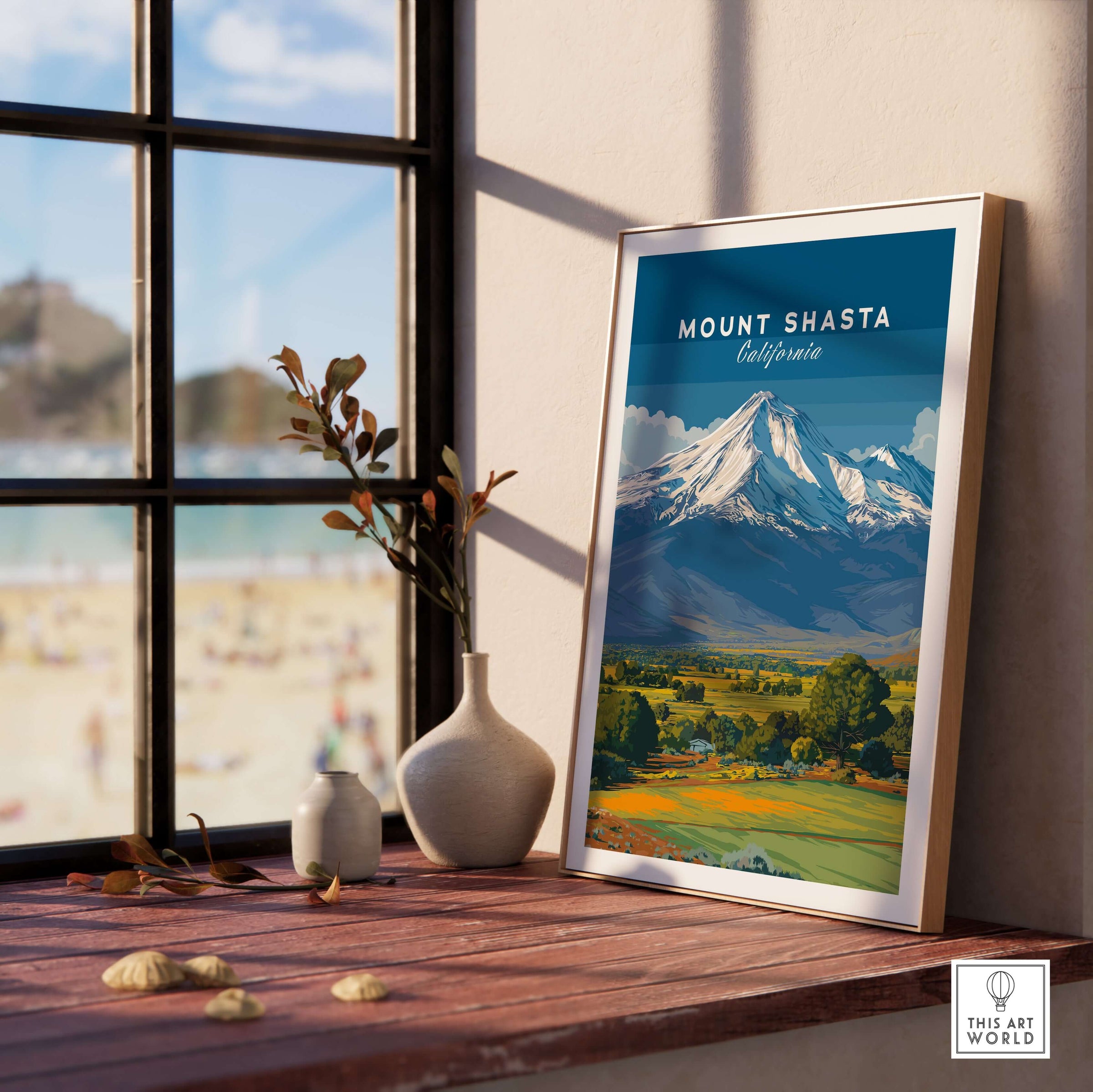 Mount Shasta California Print - Northern California Wall Art displayed in a cozy interior setting.