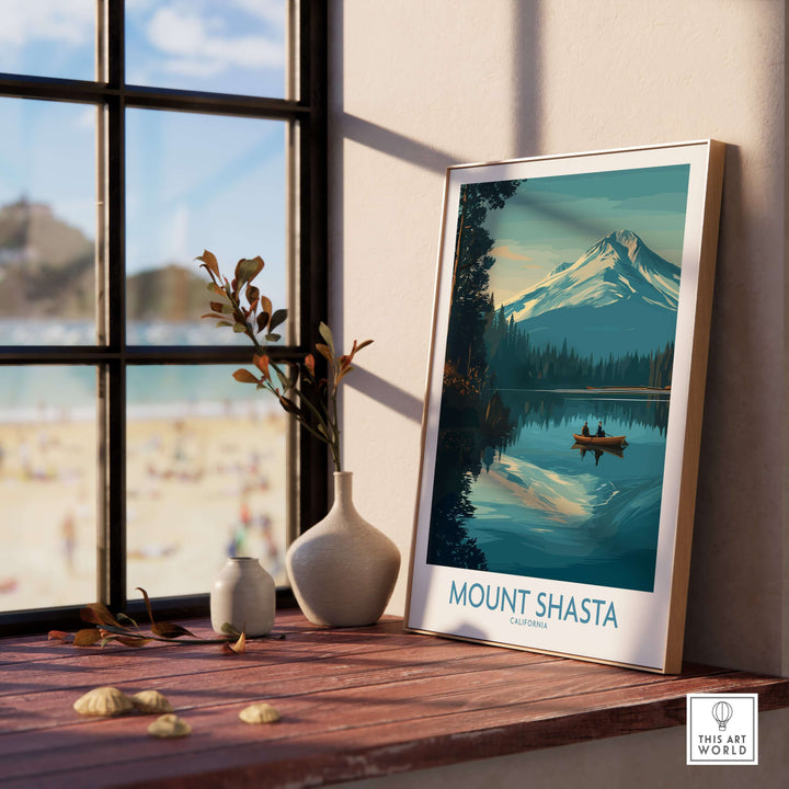Mount Shasta poster displayed indoors, showcasing California nature with serene peak and lake reflections.