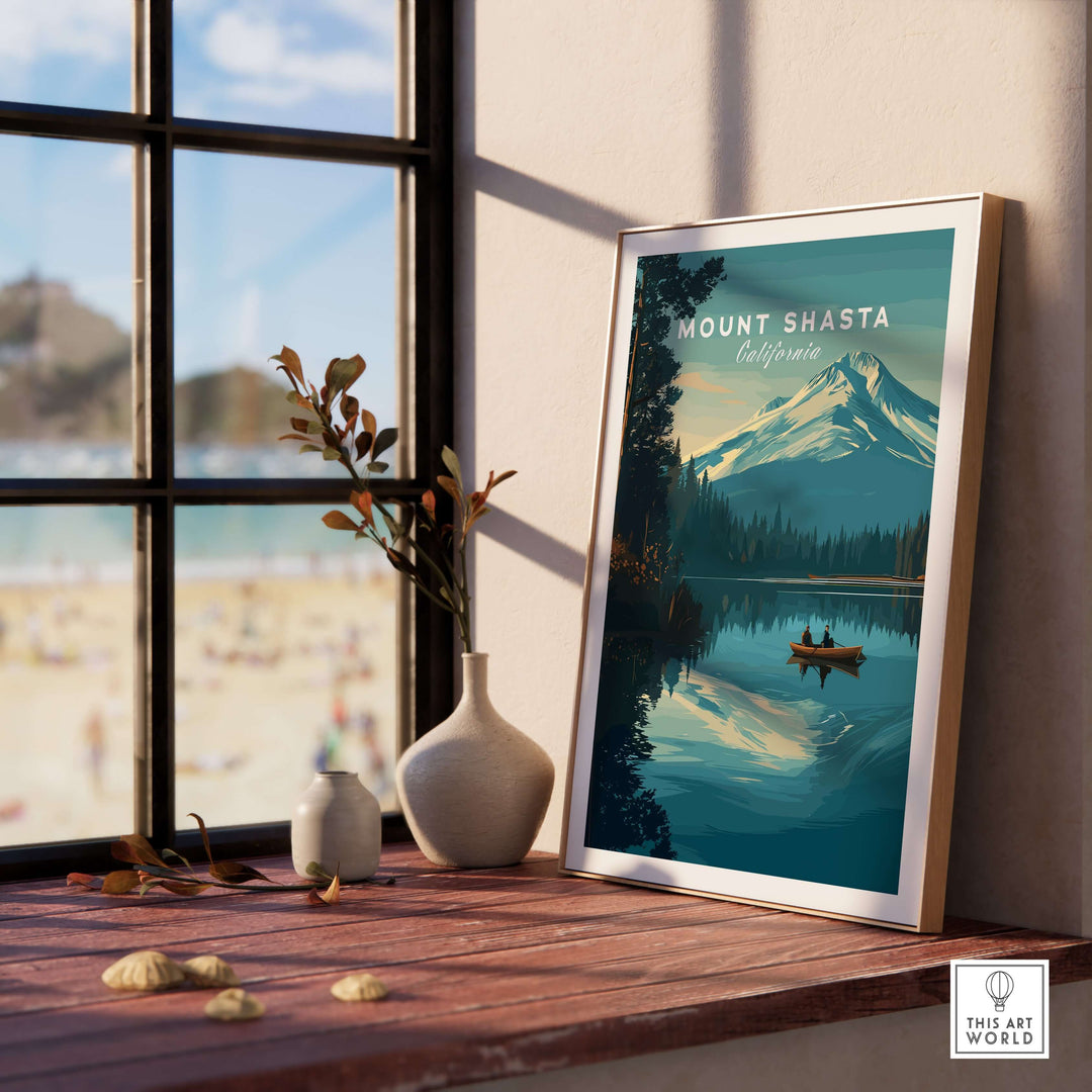 Mount Shasta California print on a windowsill with a scenic view and serene reflections, ideal for peaceful wall art.