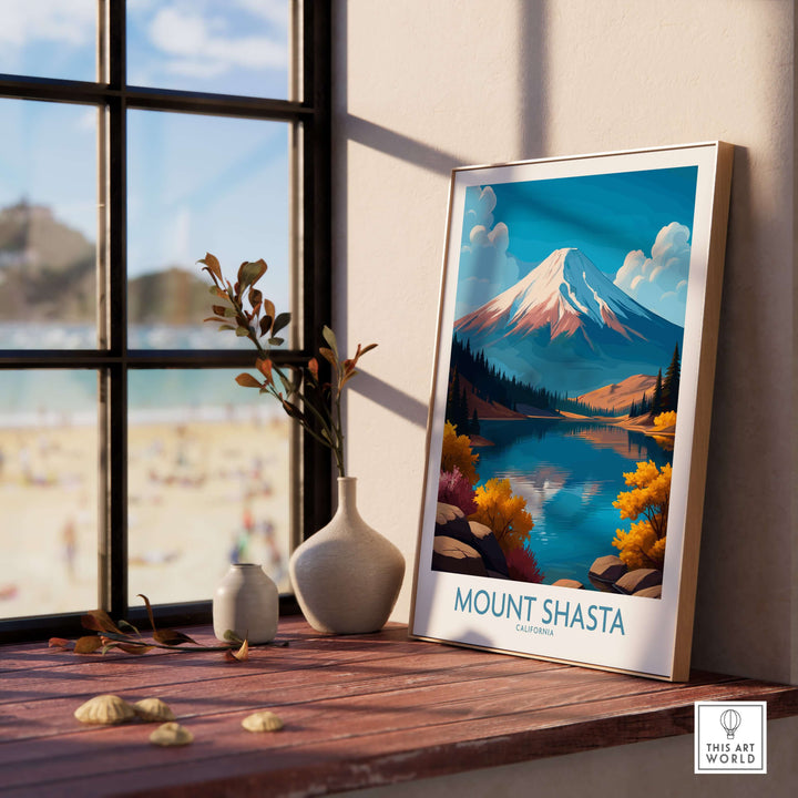 Mount Shasta California wall art featuring vibrant landscapes, displayed by a window with natural light.