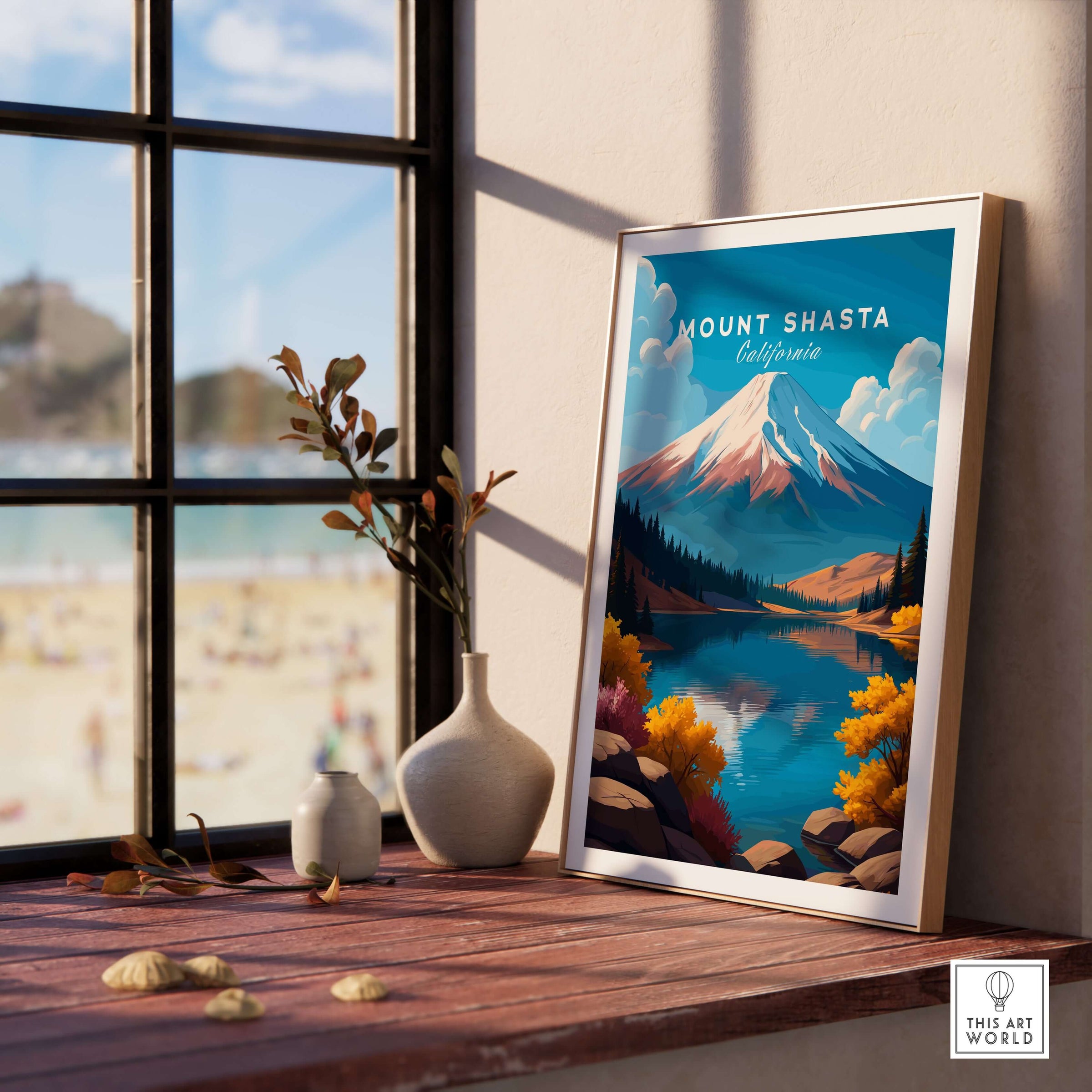 Mount Shasta Wall Art - California Travel Print displayed in a bright room with a scenic view.
