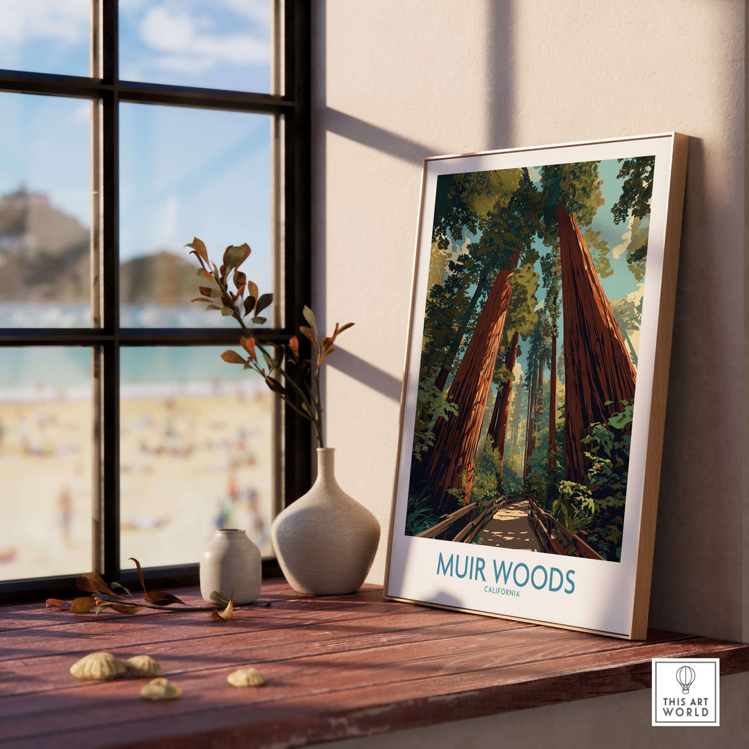 Muir Woods California National Monument poster featuring redwoods in a serene setting by a window.