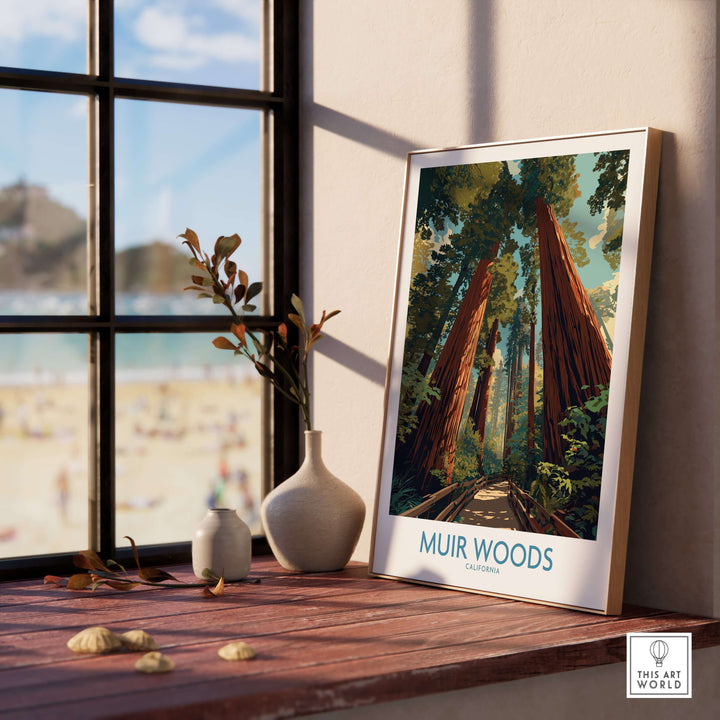Muir Woods California National Monument poster featuring redwoods in a serene setting by a window.