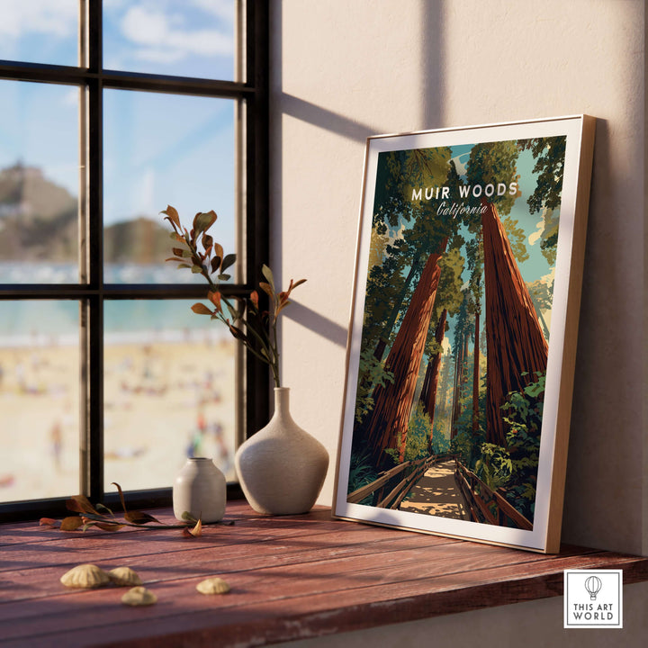 Muir Woods California Redwood Forest trail print displayed indoors, showcasing giant trees and serene forest paths.