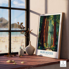 Muir Woods Print California - California National Park Wall Art shown in a cozy interior setting with nature themes.