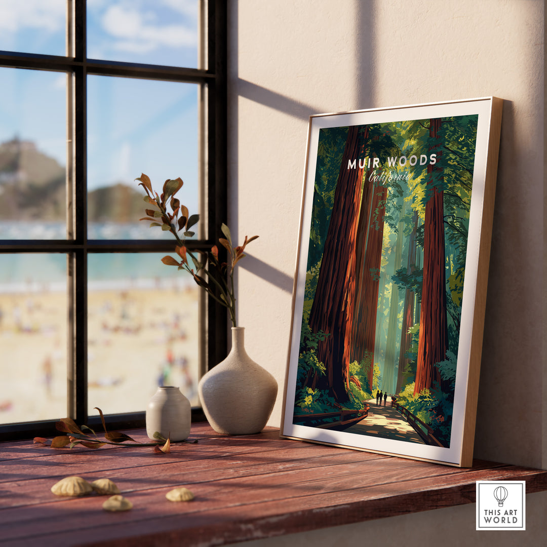 Muir Woods poster featuring towering redwoods, framed and displayed by a sunny window, enhancing home decor.