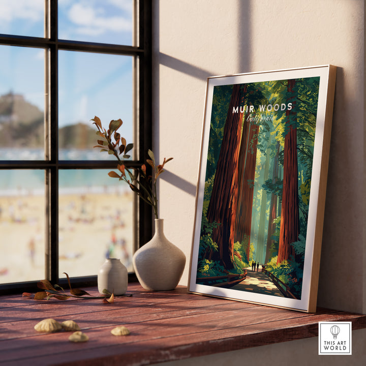 Muir Woods poster featuring towering redwoods, framed and displayed by a sunny window, enhancing home decor.