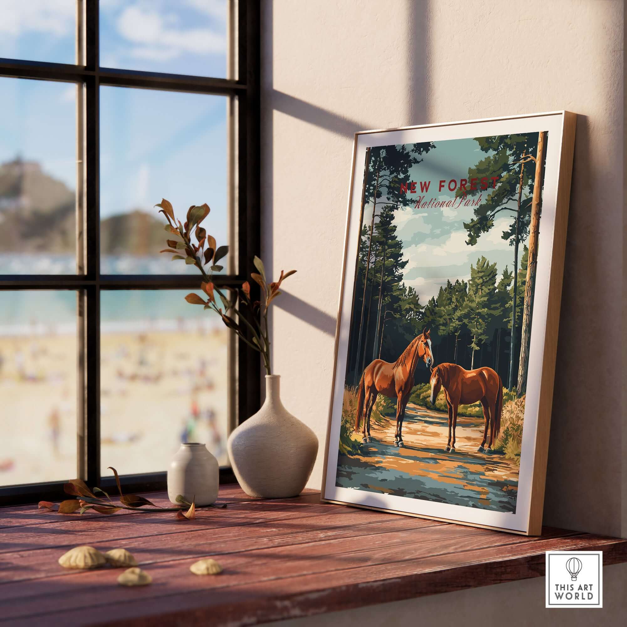 New Forest Print National Park artwork featuring majestic horses in a beautiful natural setting.