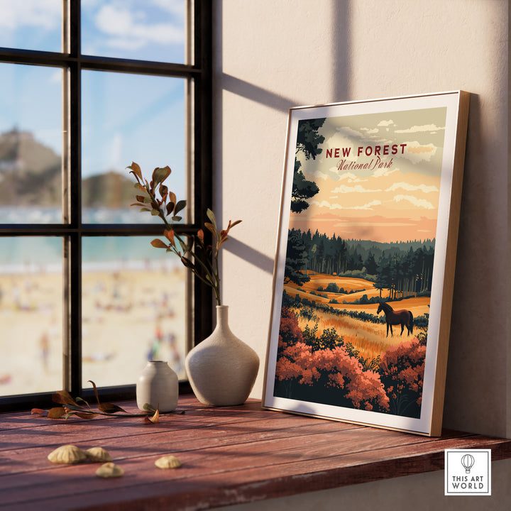 New Forest England National Park print displayed on a windowsill with scenic landscape and horse illustrations.