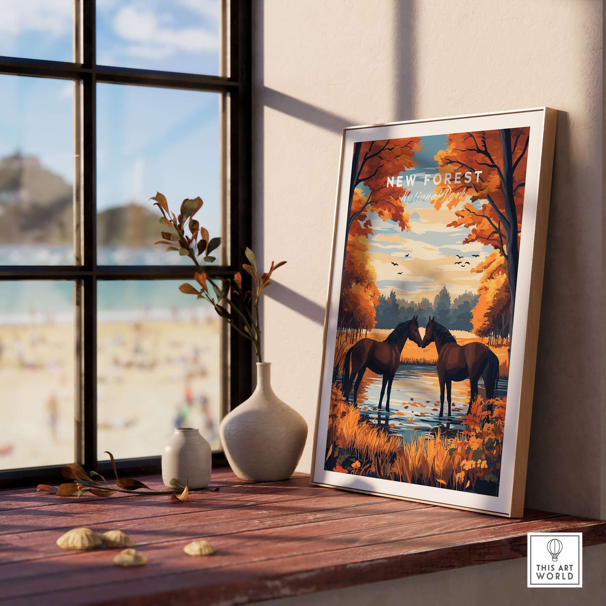 New Forest Wall Art Print featuring horses and autumn scenery in a cozy room setting.