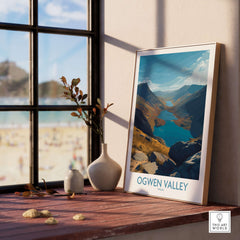 Ogwen Valley Wales Poster Blue Lakes & Peaks - Welsh Wilderness Decor displayed in a cozy interior with a scenic view.