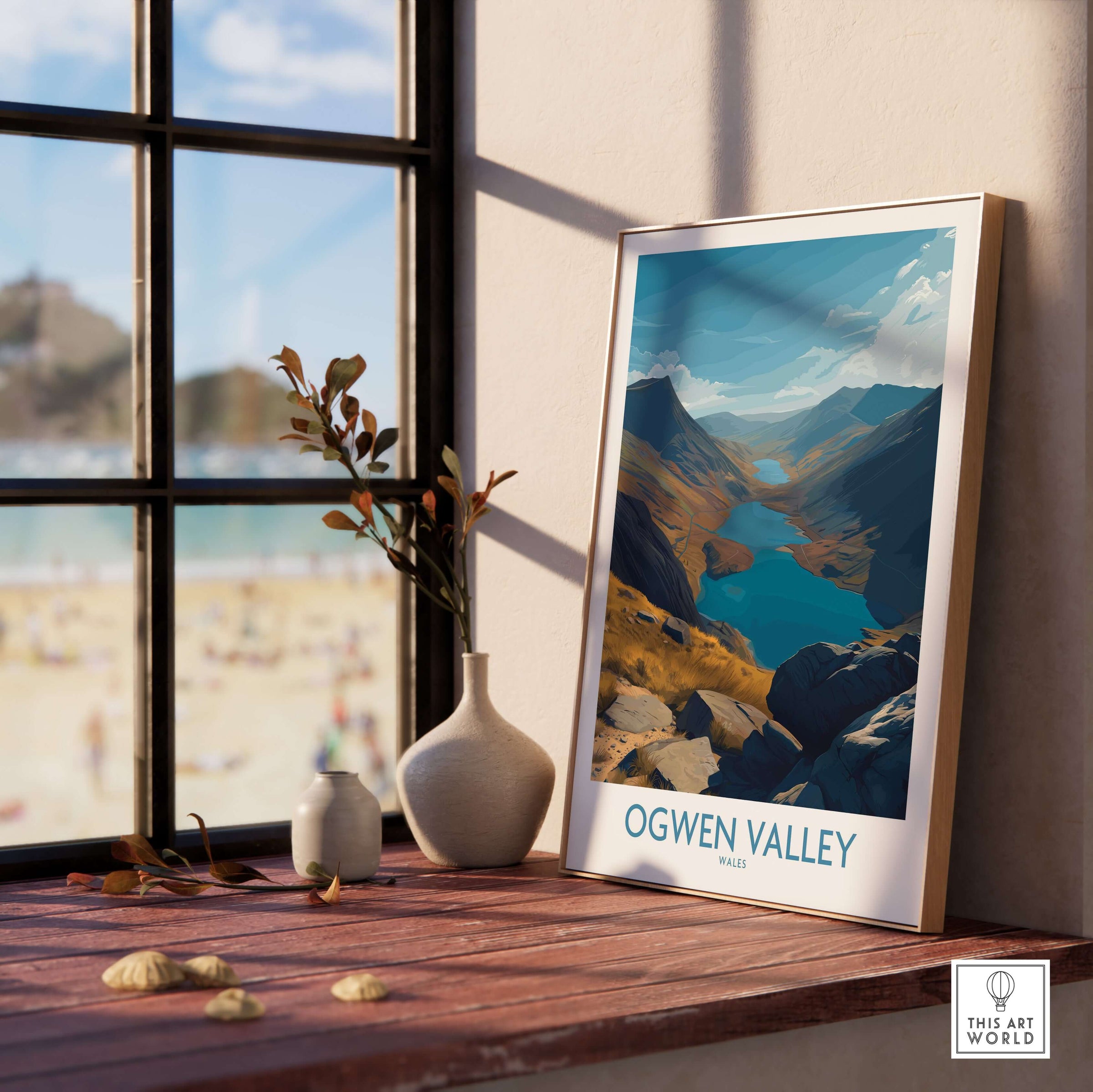 Ogwen Valley Wales Poster Blue Lakes & Peaks - Welsh Wilderness Decor displayed in a cozy interior with a scenic view.