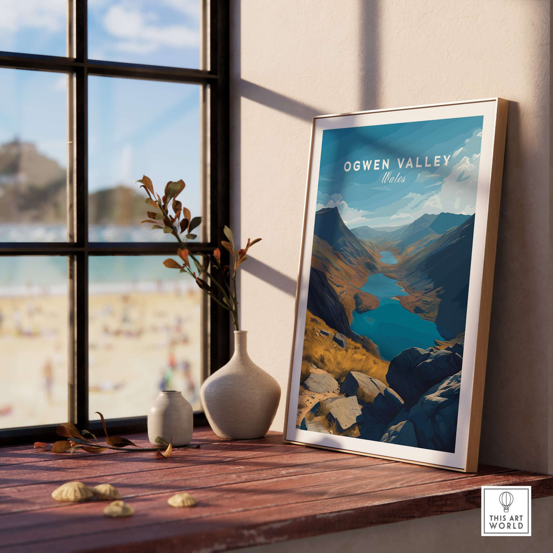 Ogwen Valley wall art print showcasing mountain lakes and scenic landscape of Snowdonia, perfect for nature lovers.