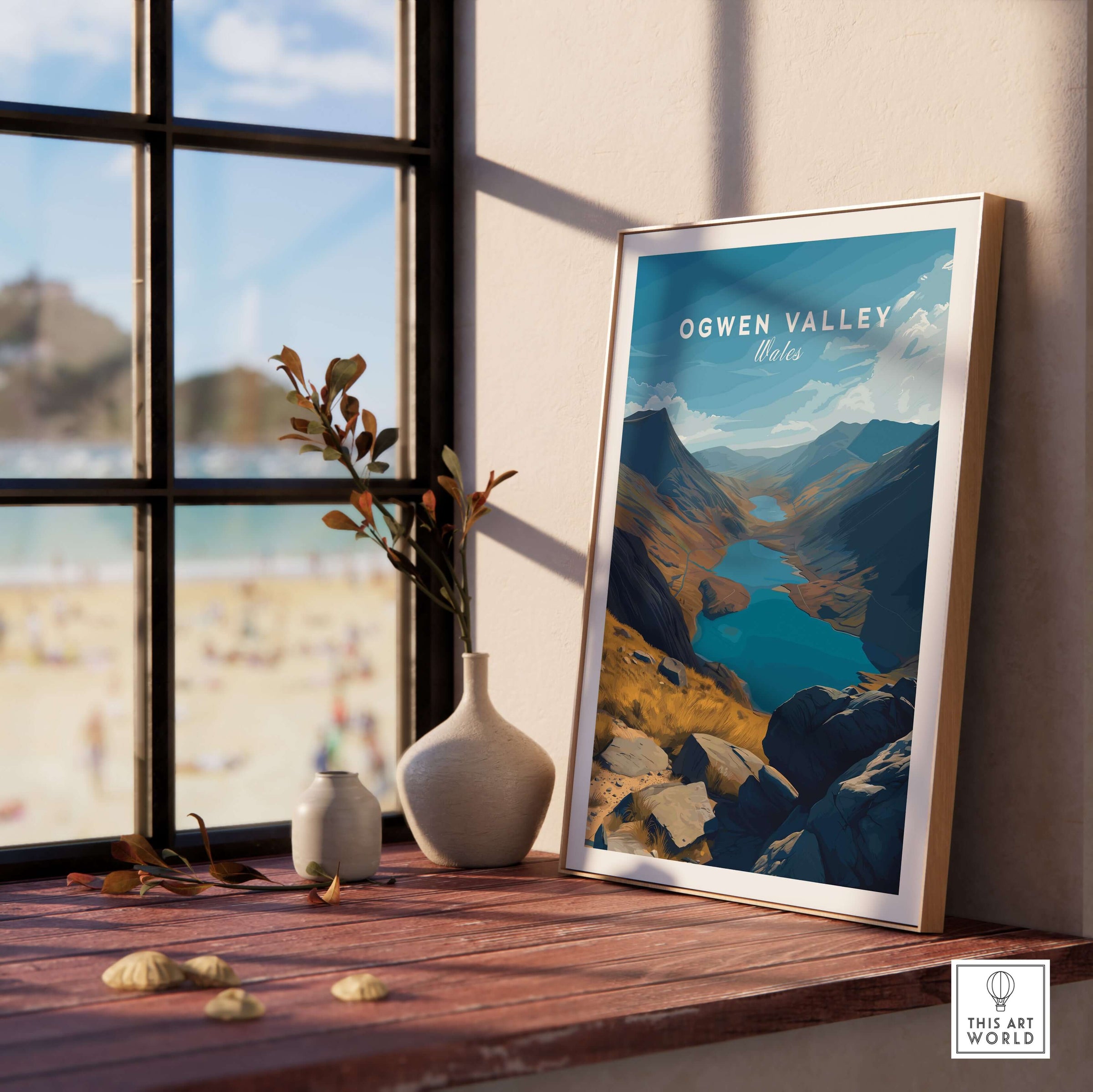 Ogwen Valley Print  Wales Mountain Lakes Landscape - Snowdonia Valley Wall Art displayed by a window.