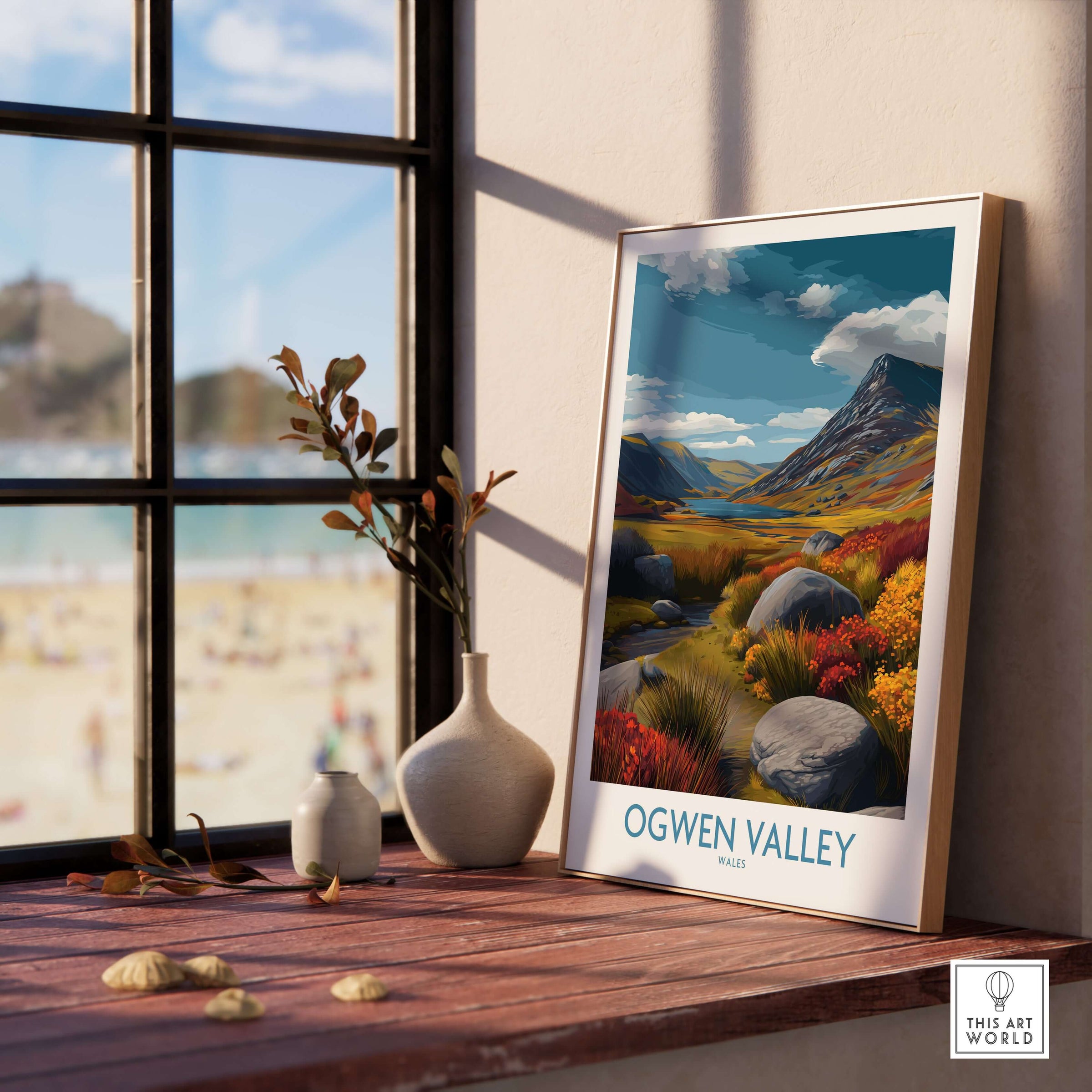 Ogwen Valley Wall Art Wales Rocky Valley - Welsh Nature Travel Decor displayed in a sunlit room.