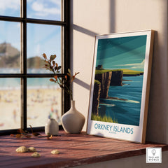 Orkney Islands Scotland Wall Art - Scottish Travel Decor displayed in a cozy indoor setting by a window.