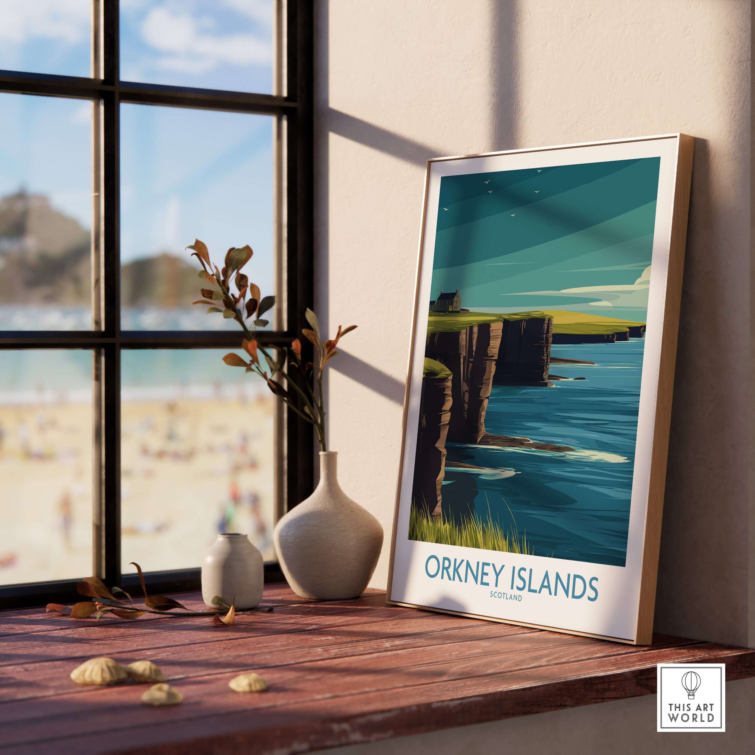 Orkney Islands Scotland Wall Art - Scottish Travel Decor displayed in a cozy indoor setting by a window.