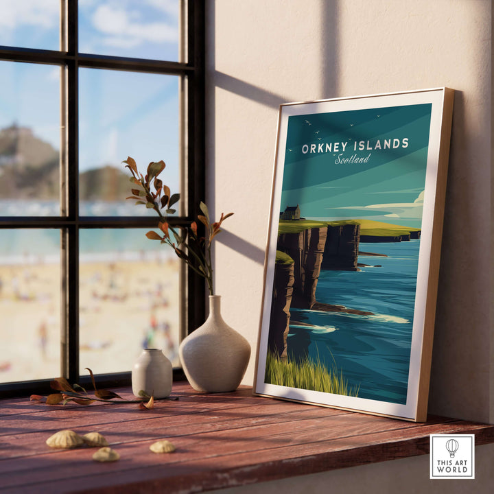 Orkney Islands Sea Cliffs art print in a stylish frame, showcasing Scotland's coastal beauty by a window.
