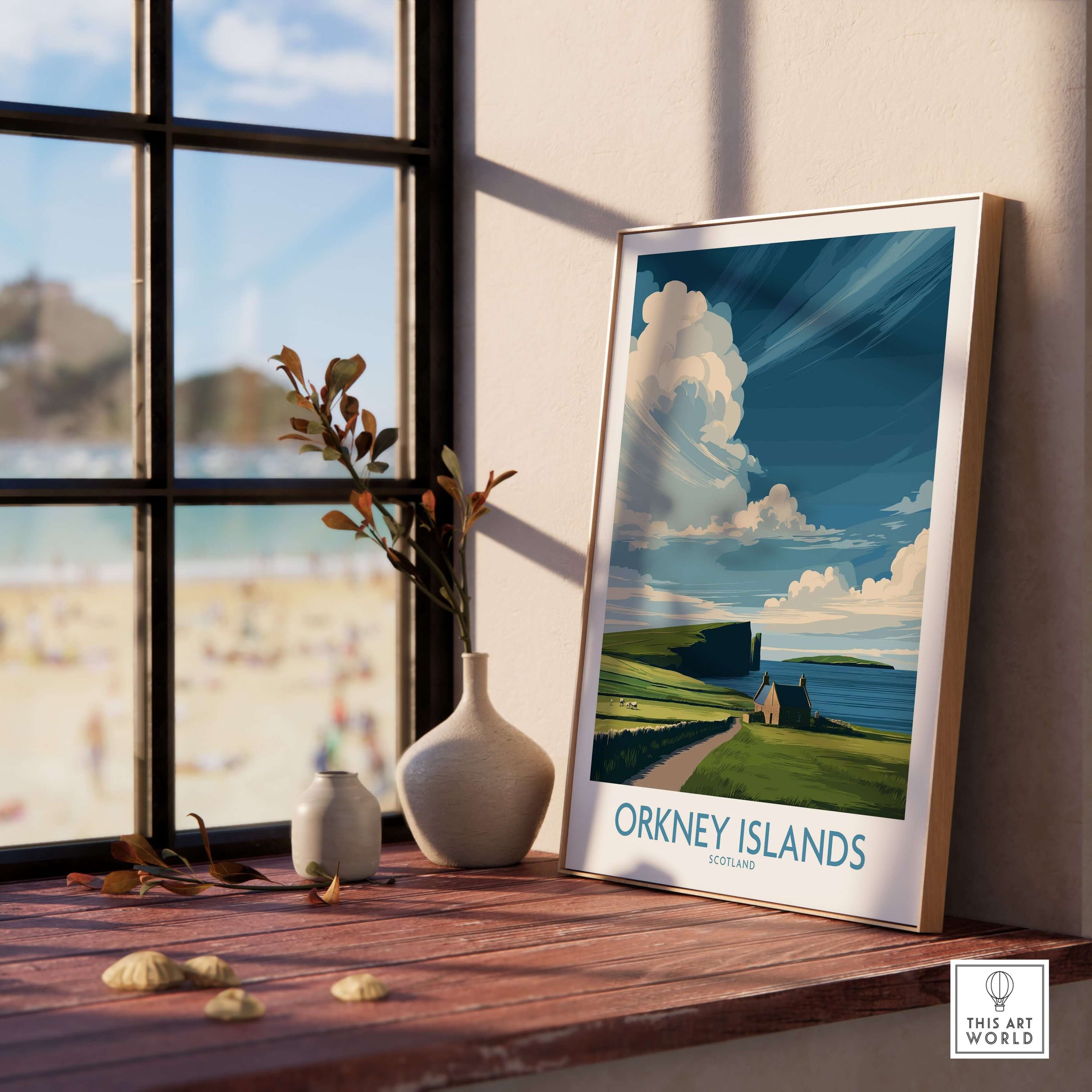 Orkney Islands Scottish Island Wall Art - Scotland Rugged Landscape Decor displayed in a cozy interior setting.