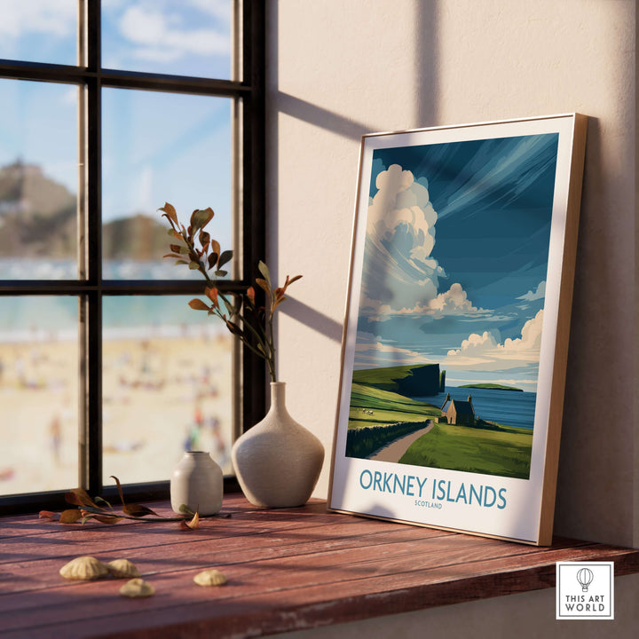 Orkney Islands wall art showcasing Scotland's rugged landscape in a bright, airy setting with beach views.