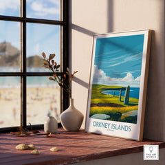 Orkney Islands Scotland Prehistoric Stones Poster - Scottish Travel Decor displayed in sunny room by window.