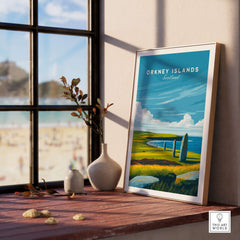 Orkney Islands Standing Stones Print - Scotland Ancient Landmark Wall Art displayed on a windowsill with a beach view behind.