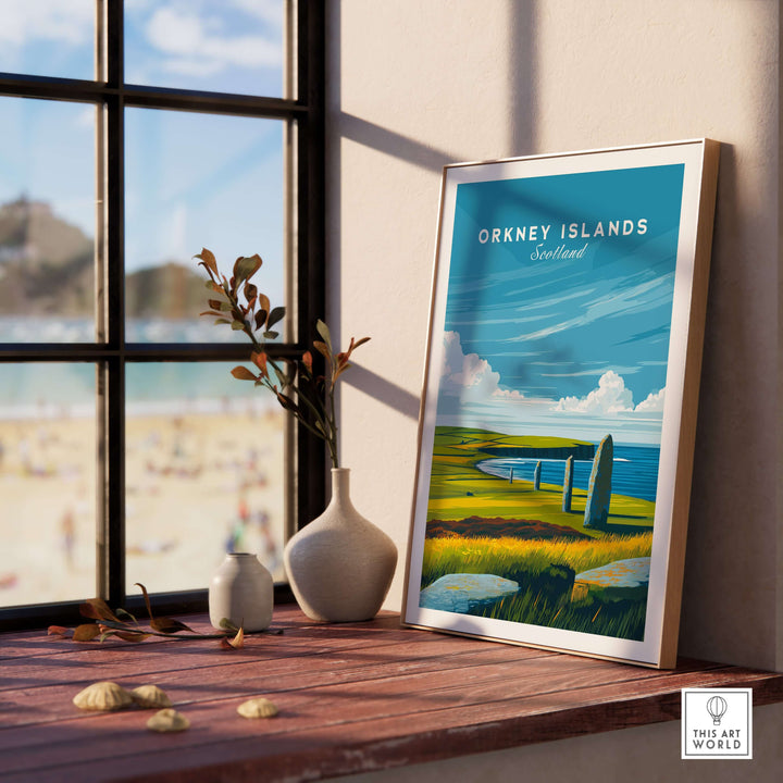 Orkney Islands standing stones print in a frame, showcasing Scotland's ancient landmarks and stunning coastal landscape.