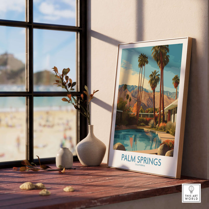 Palm Springs California poolside mountain view print on a wooden table with a cozy decor setting.