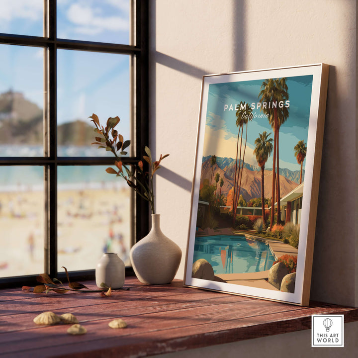 Palm Springs Mid-Century Modern home poster displayed on a wooden table by a sunny window, showcasing desert scenery.