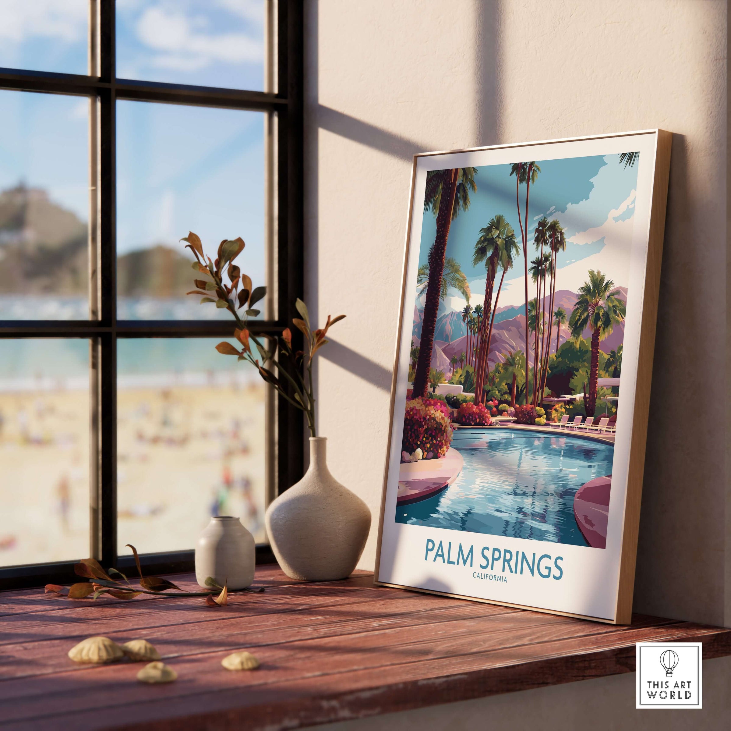 Palm Springs California Vibrant Garden Poster - California Resort Decor displayed on a wooden table with a sunny view.