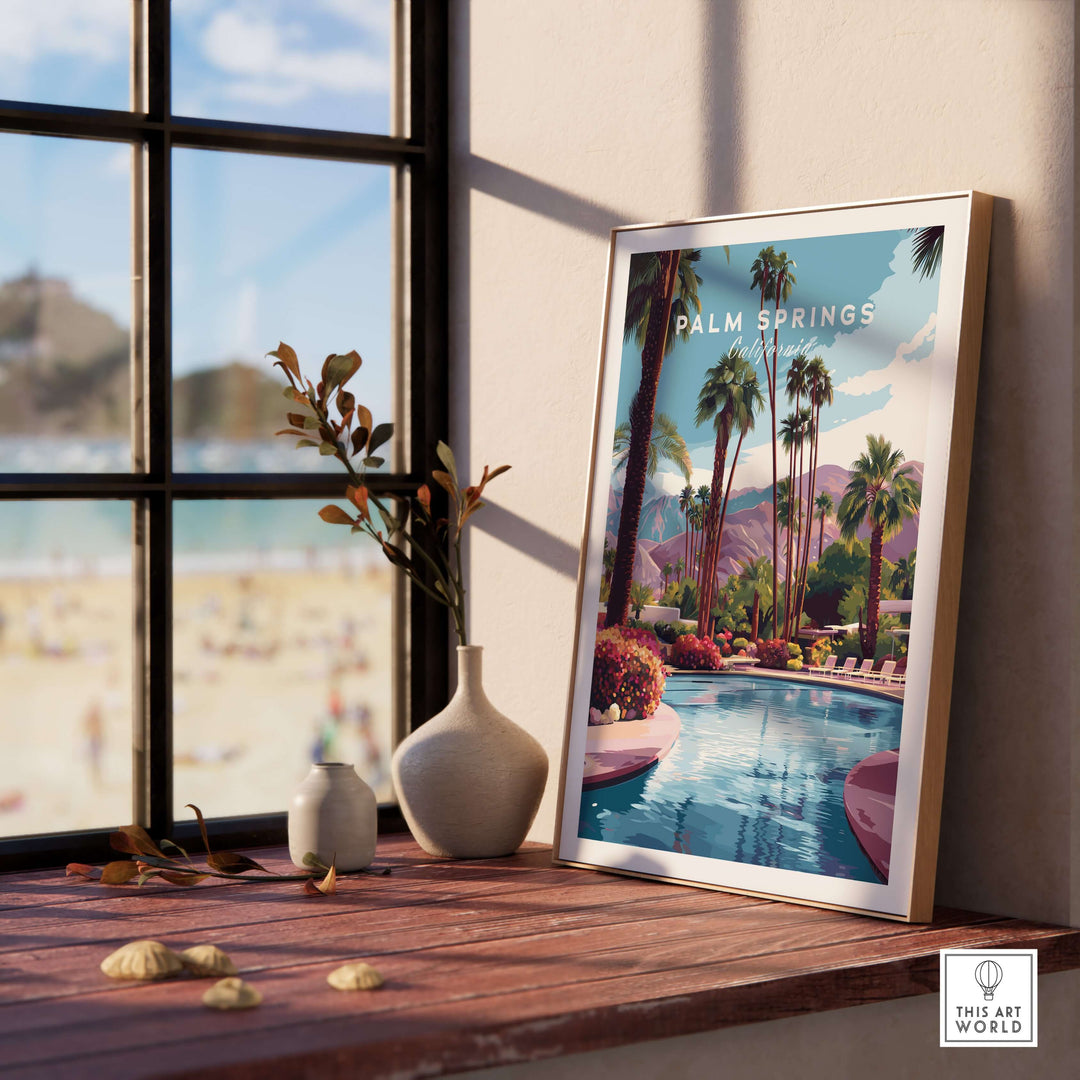 Palm Springs tropical poolside print framed on a table, showcasing mountains and palm trees by the beach.