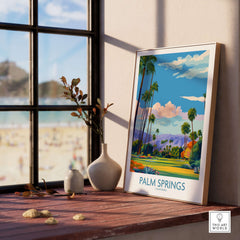 Palm Springs Palm Tree Oasis Wall Art - California Travel Poster displayed near a sunny window with a beach view.