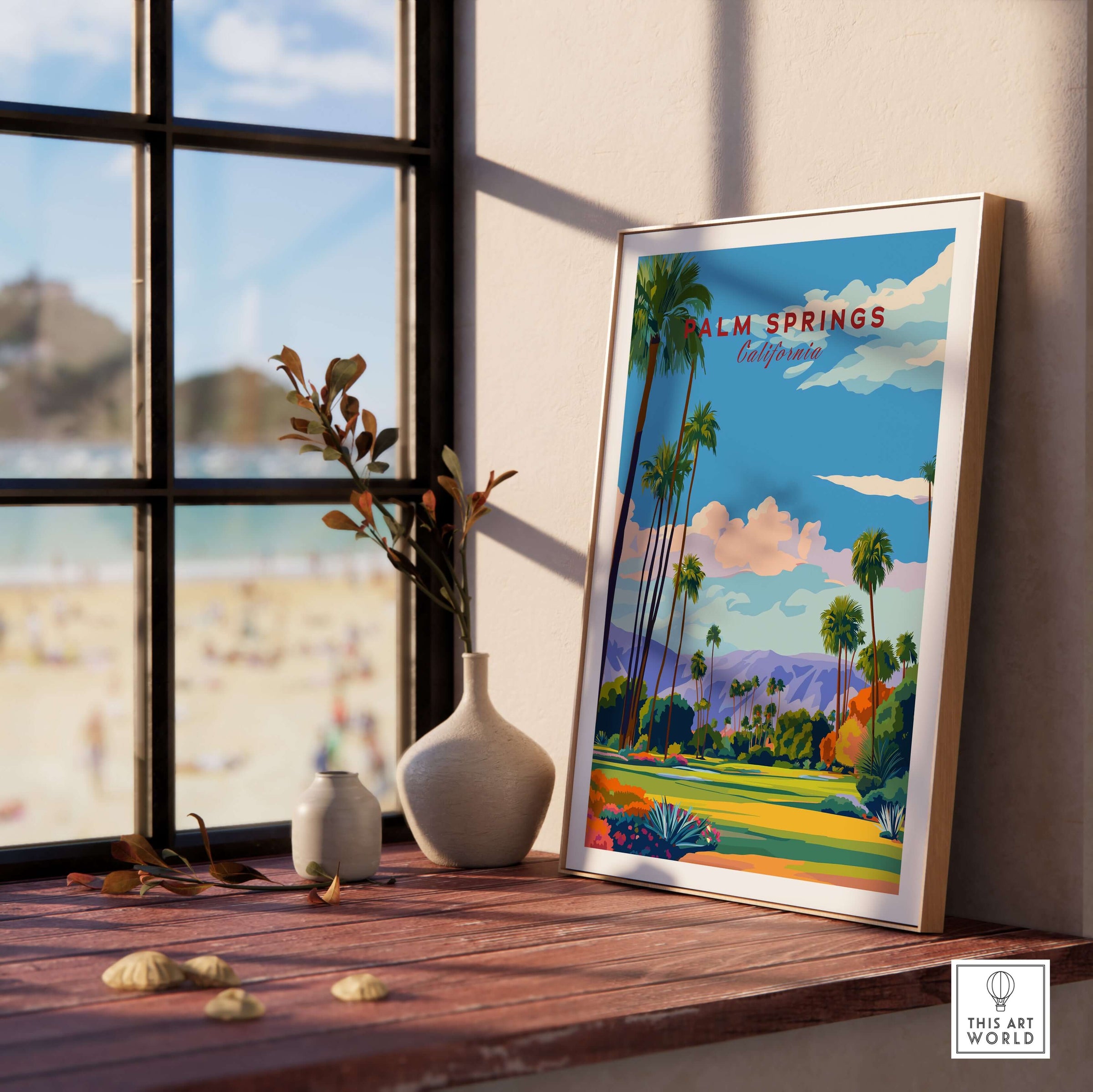 Palm Springs Golf Course Poster - California Desert Mountain View Print displayed on a wooden table by the window.